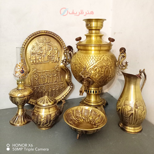ست 6 پارچه سماور ذغالی، 8 لیتری، توپی، قلم فرش اعلاء، قالب بزرگ و بسیار زیبا با پایه خرچنگی