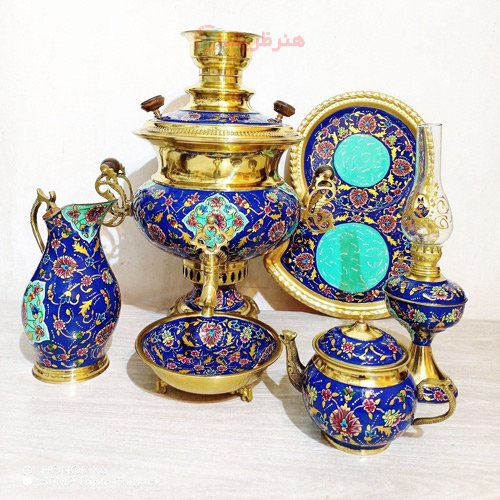 ست 6 پارچه سماور ذغالی، میناکاری بسیار زیبا با طراحی جدید، سماور 7 لیتر استکانی پایه خرچنگی