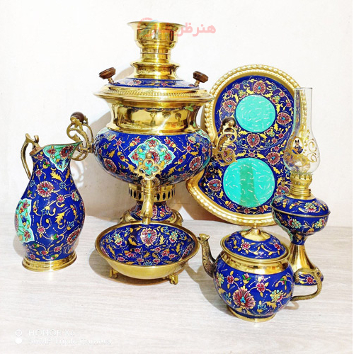 خرید ست 6 پارچه سماور ذغالی، میناکاری بسیار زیبا با طراحی جدید، سماور 7 لیتر استکانی پایه خرچنگی | هنرظریف
