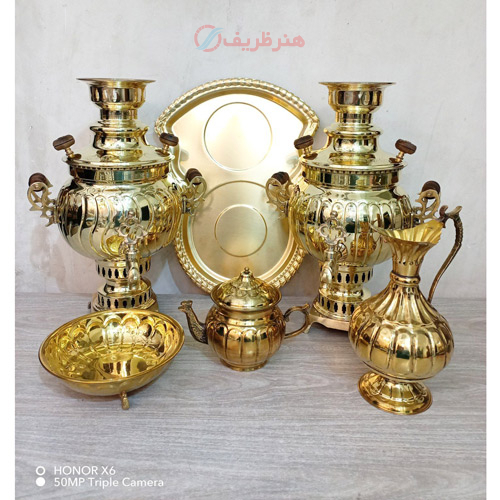 ست 5 پارچه سماور ذغالی، سماور 3 لیتر توپی آینه ریز و پیچ ماری