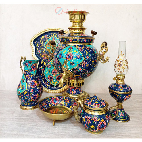ست 6 پارچه سماور ذغالی، 6 لیتر توپی پایه خرچنگی، میناکاری بسیار زیبا با طراحی جدید