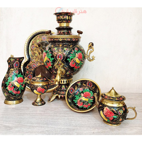 خرید ست 6 پارچه سماور ذغالی، سماور 6 لیتر توپی پایه خرچنگی، میناکاری بسیار زیبای گل و مرغ | هنرظریف