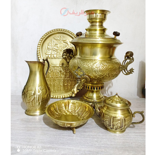 ست 5 پارچه سماور ذغالی، 7 لیتری،  قلم برجسته بسیار عالی دارای مهر روسی در درب و بدنه