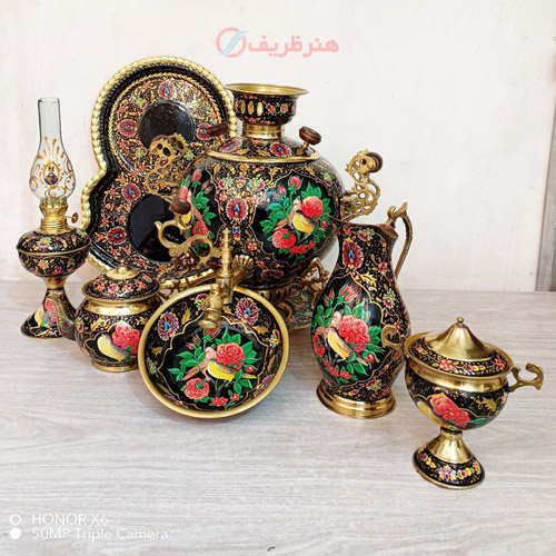 ست 7 پارچه سماور ذغالی، 3 پایه طرح روس سنگین، میناکاری گل و مرغ تمام نقاشی