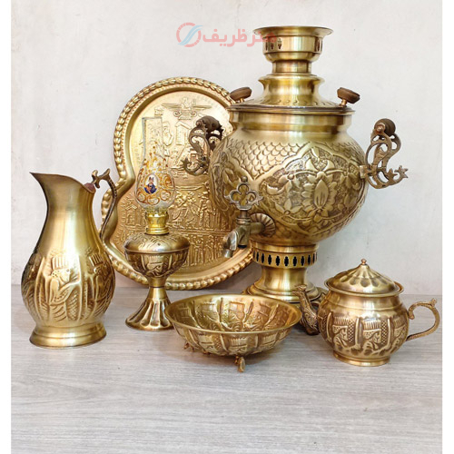 ست 6 پارچه سماور ذغالی، 6 لیتری،  قلم فرش دسته توری، دارای مهر روسی در درب و بدنه