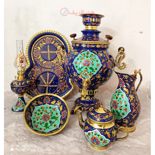 خرید ست 6 پارچه سماور ذغالی، میناکاری بینظیر با ترکیب رنگ عالی، 6 لیتر دسته ماری ورق ضخیم | هنرظریف