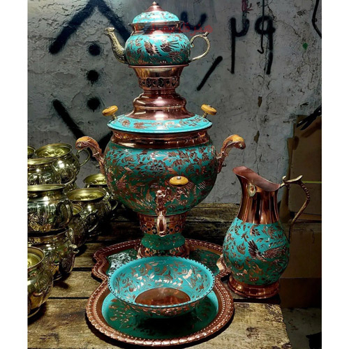 سماور 6 لیتری برنجی با سرویس فیروزه