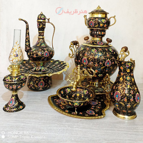 ست 7 پارچه سماور ذغالی، میناکاری تمام نقاشی، ورق ضخیم و سنگین وزن