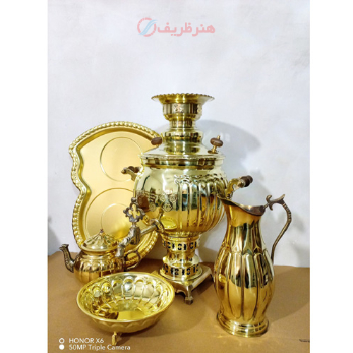 سرویس 5 پارچه سماور ذغالی، 6 لیتر توپی سنگین طرح آینه دسته شاخ و توری