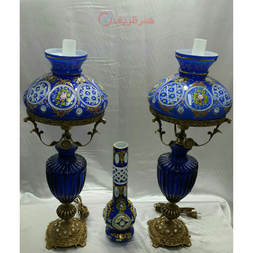 چراغ قالپاقی سه پوست پایه برنجی آنتیک