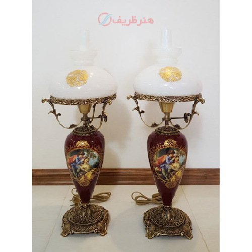 چراغ قالپاقی ستون سرامیکی طرح ایتالیایی سایز کوچک تمام برنجی_ هنرظریف