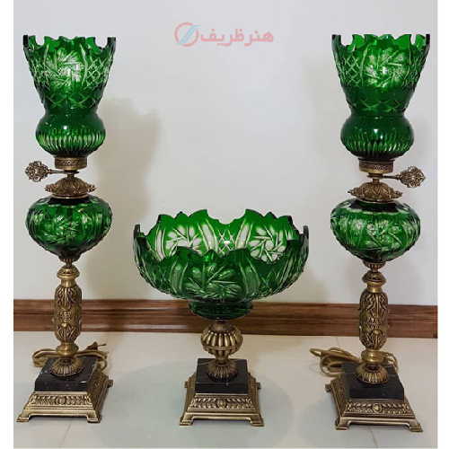 ست چراغ و میوه خوری کریستال سبز قطعات تمام برنج