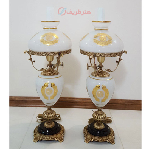 چراغ قالپاقی دو پوست شیری گلدار تمام برنجی