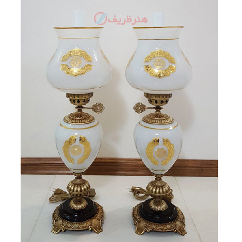 چراغ لامپا دو پوست شیری گلدار تمام برنج آنتیک