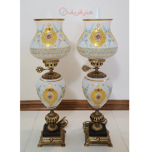 چراغ لامپا دو پوست شیری مدل گنبدی تمام برنج_ هنرظریف