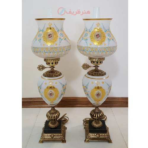 چراغ لامپا دو پوست شیری مدل گنبدی تمام برنج