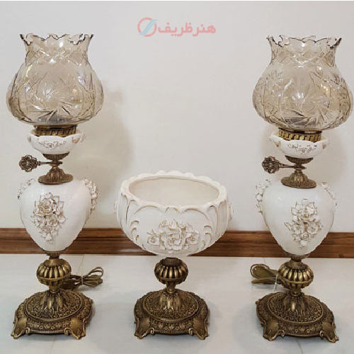 ست چراغ لامپا و میوه خوری گل برجسته تمام برنجی آنتیک_ هنرظریف