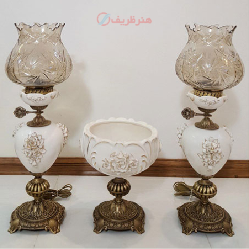 ست چراغ لامپا و میوه خوری گل برجسته تمام برنجی آنتیک