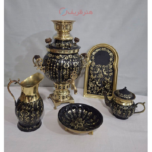 سرویس سماور زغالی برنجی سه و نیم لیتری مدل آینه الماس تراش_ هنرظریف