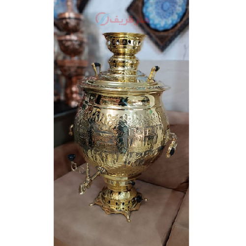 سرویس سماور زغالی برنجی شش لیتری مدل ساده طلایی_ هنرظریف