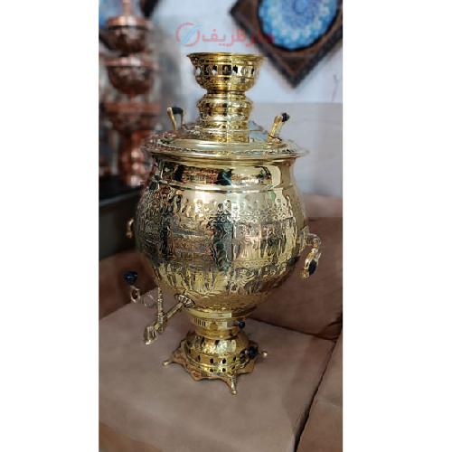 سرویس سماور زغالی برنجی شش لیتری مدل ساده طلایی