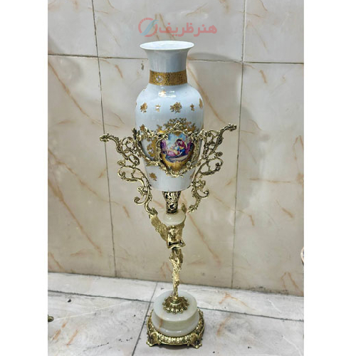 گلدان کنار سالنی برنزی چینی طلا کوب پایه سنگی