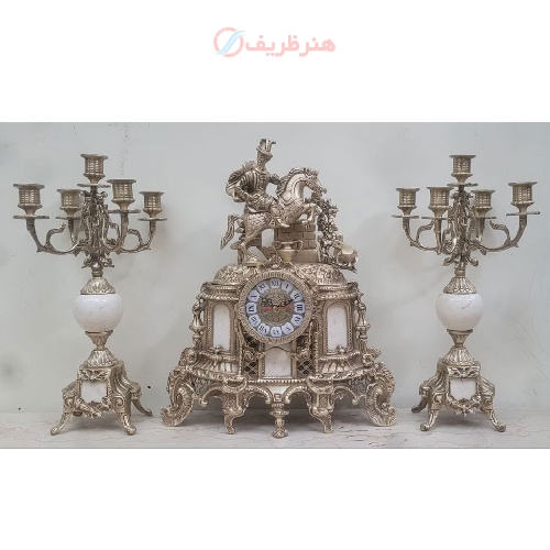 ست شمعدان و ساعت رومیزی پنج شعله پایه دار سفید_ هنرظریف