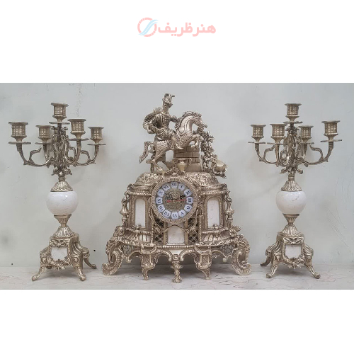 ست شمعدان و ساعت رومیزی پنج شاخه پایه دار سفید