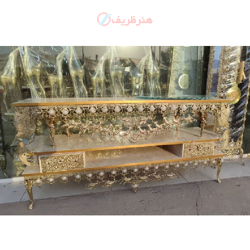 میز تلویزیون برنزی طرح سیمرغ دو کشو مدل تاج دار