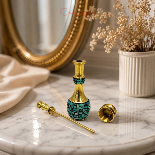 سرمه دان برنجی با فیروزه کوبی اصل نیشابور