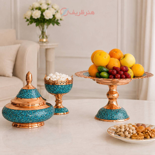 نمای شبیهسازی شده از سرویس روی میز پذیرایی با آجیل و شکلات برای نمایش کاربری واقعی.