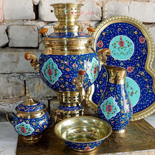 نمای کامل سرویس سماور برنجی نانو گل و بوته ۴ لیتری پرداز همراه قوری