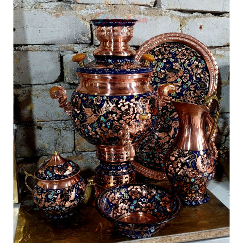 سرویس سماور مسی ۴ لیتری الماس‌تراش و پرداز نانو با قوری