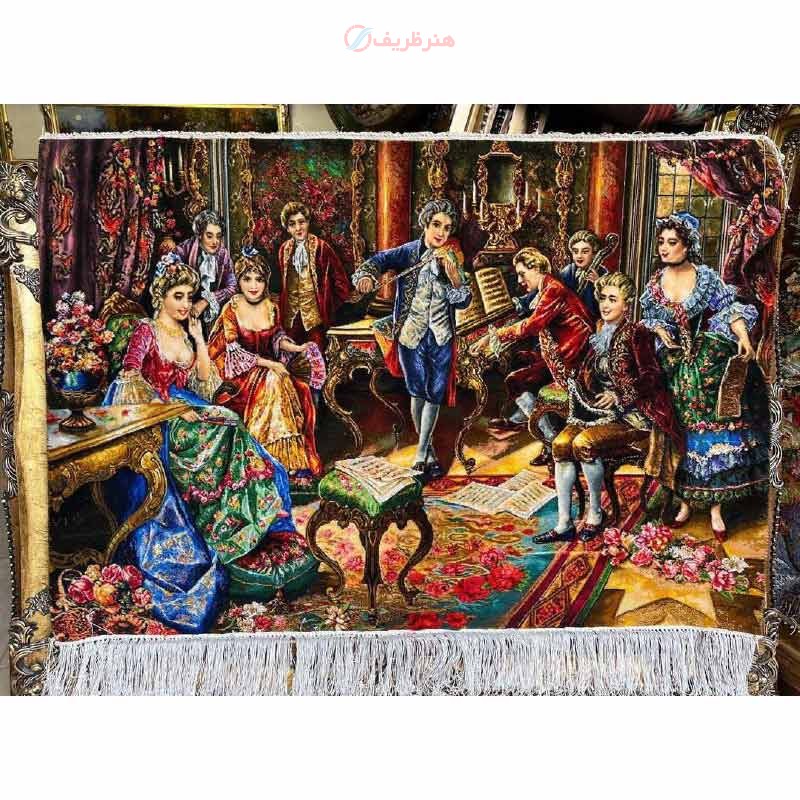 تابلو فرش دستبافت محفل موسیقی چله ابریشم پر از ابریشم 50 رج، بسیار زیبا و نفیس - هنرظریف