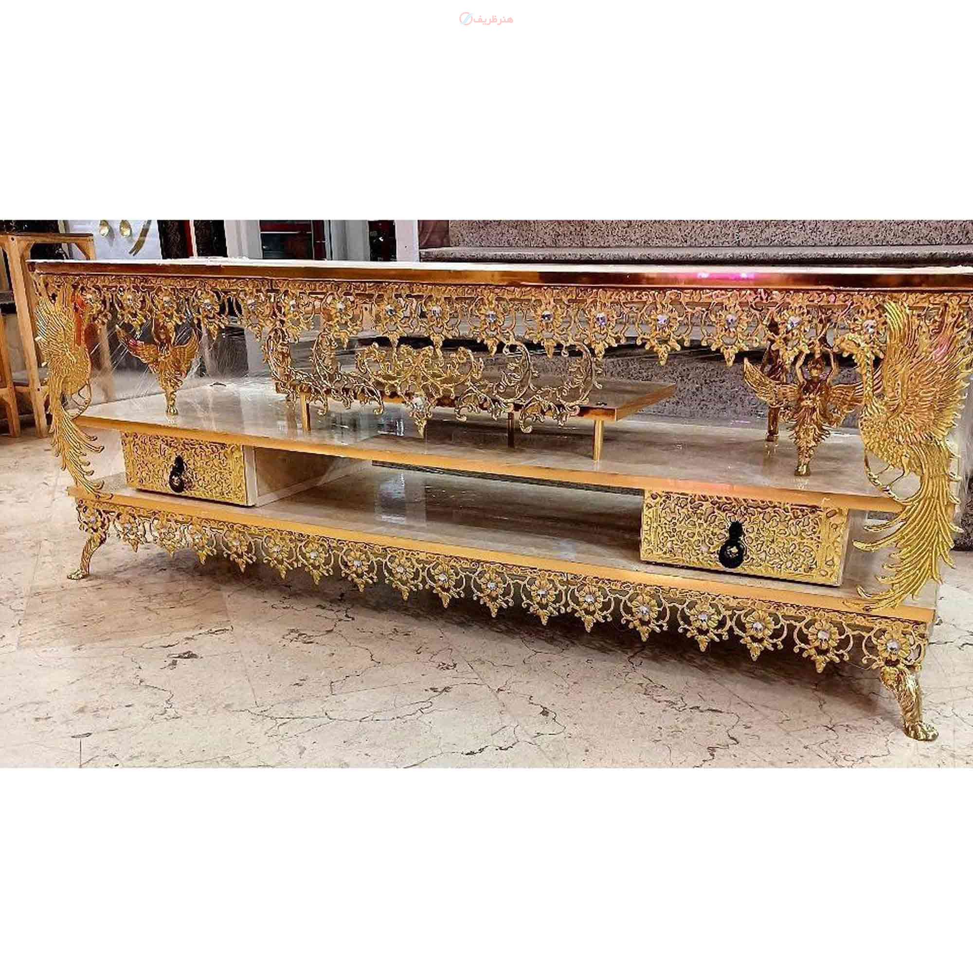 میز تلویزیون برنزی صفحه هایگلایس، طول 120 با طراحی بسیار شیک