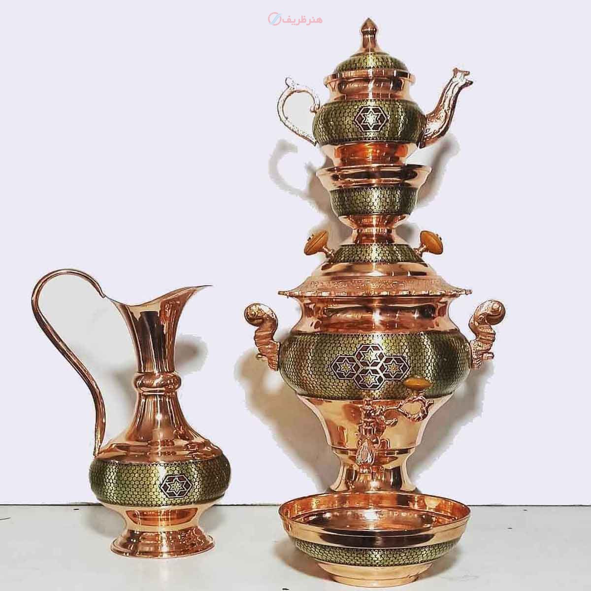 سرویس 5 تکه سماور مس و خاتم با ورق ضخیم ، زیر قیمت بازار - هنرظریف