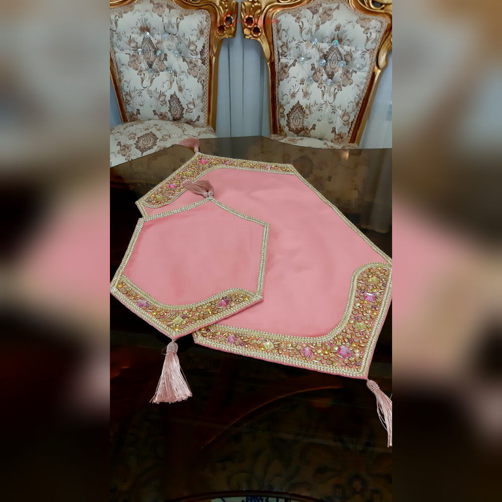 ست سه تکه رومیزی دست دوز سنگ دوزی پارچه مخمل