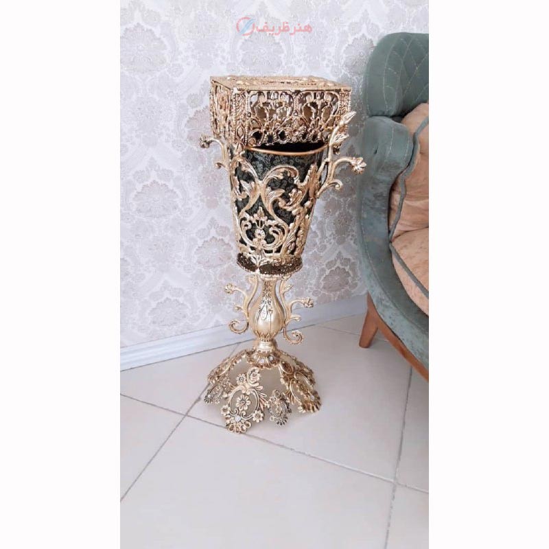 سطل زباله و جادستمال گلدونی پایه برگی، جنس آلیاژ آلومینیوم، آبکاری برنز
