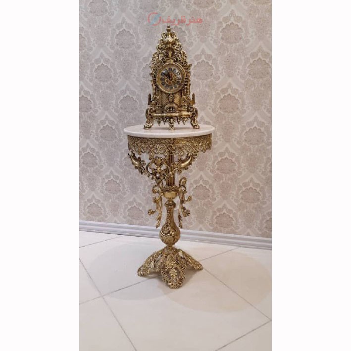میز تلفن پایه برگی شاخکی، قطر 40، جنس آلیاژ آلومینیوم، آبکاری برنز با رنگ ثابت - هنرظریف