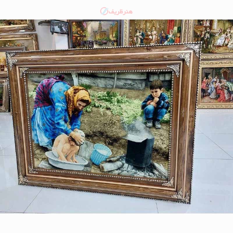 تابلو فرش دستبافت تبریز طرح حمام عشایر، چله ابریشم و رج 50، مارکدار، رنگ طبیعی و درجه 1 - هنرظریف