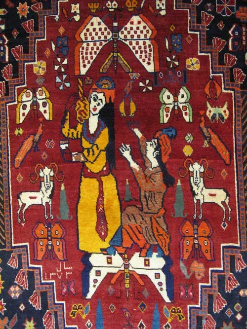 فرش دستباف شيراز طرح لیلی و مجنون سایز قاليچه رنگ زمینه لاكي رنگ حاشیه كرم کد ۳۸۴۲۱