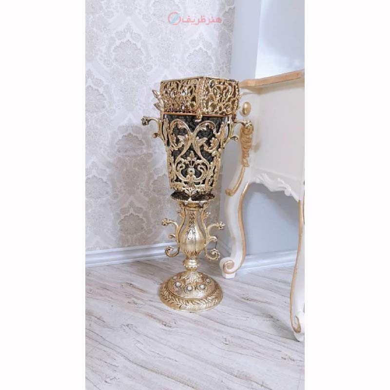 سطل زباله و جادستمال طرح گلدونی، جنس آلیاژ آلومینیوم، آبکاری برنز با ماندگاری رنگ بالا