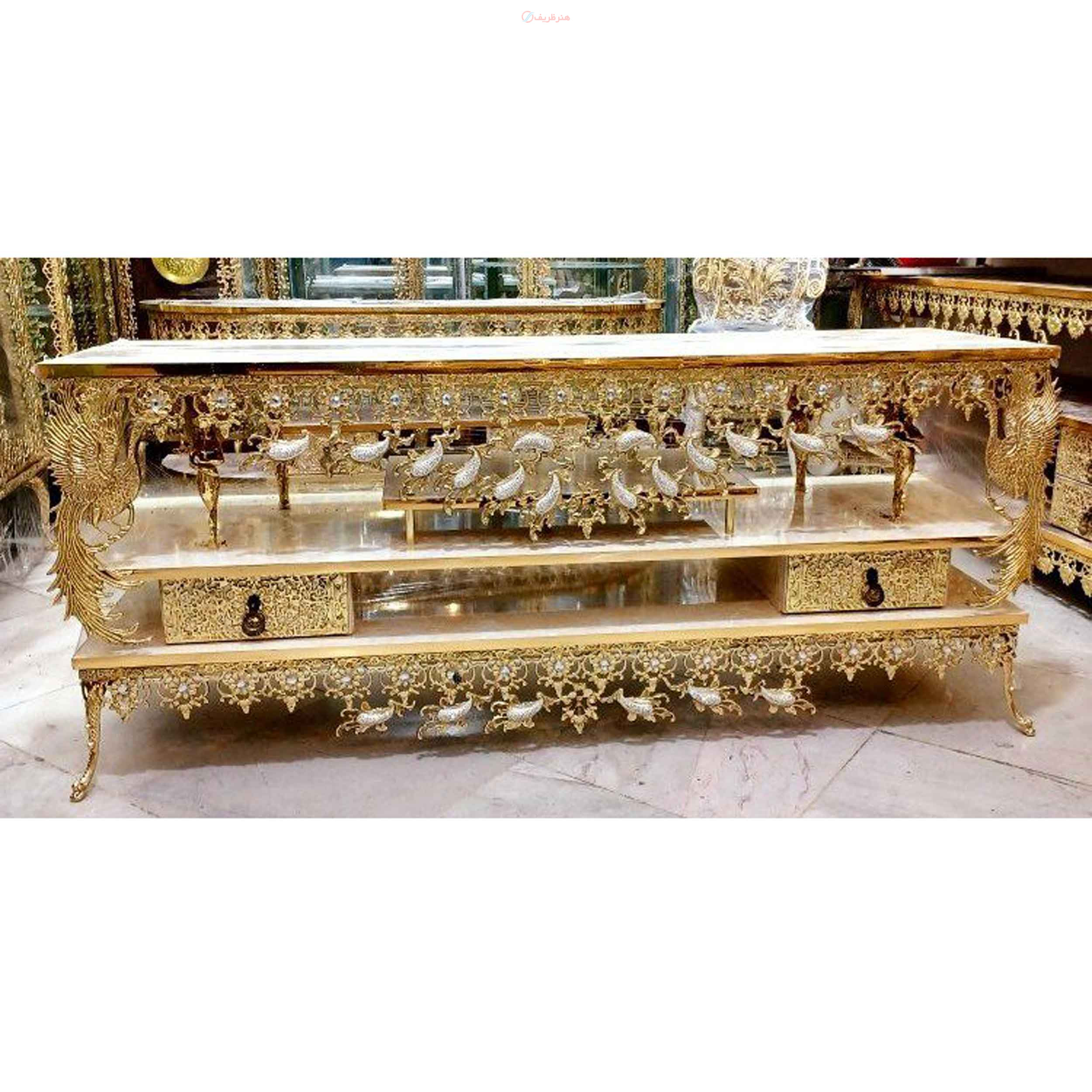 مشخصات میز تلویزیون برنزی طول 120، سه طبقه، دارای دو کشو، طاووس دار و دارای ضمانت| هنرظریف
