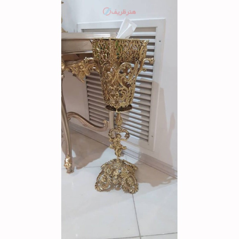 سطل و جا دستمال مسیح پایه برگی جنس آلیاژ آلومنیوم آبکاری برنج تولید اصفهان - هنرظریف