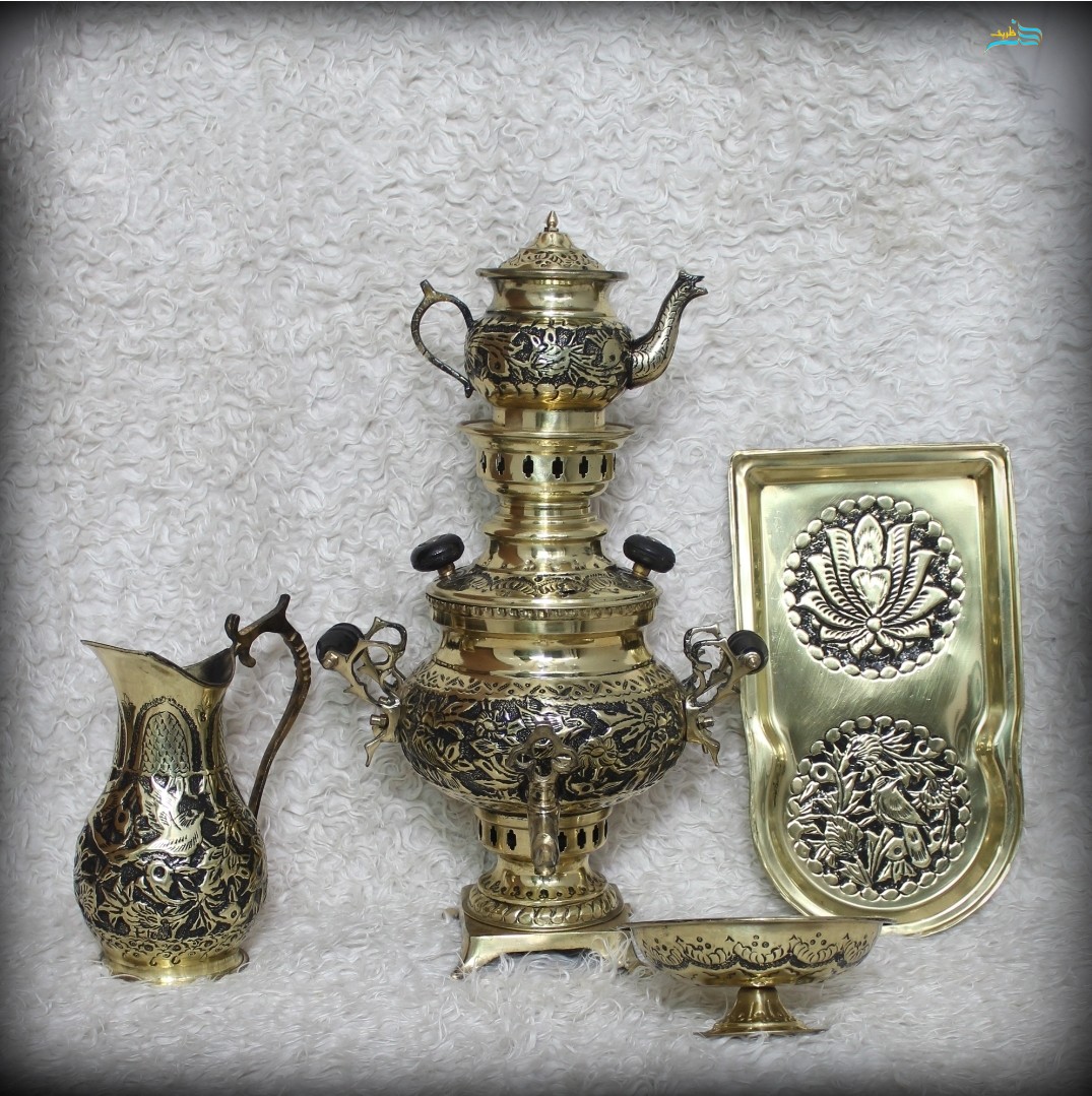 سماور زغالی برنجی ۳ لیتری گل و مرغ سیاه قلم فونیکس