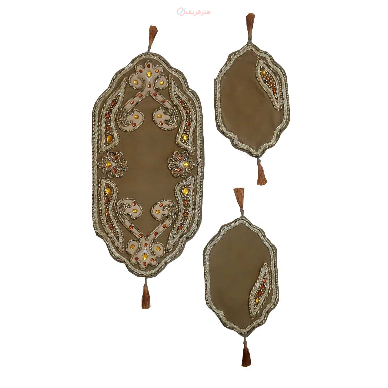 رومیزی سه تکه مخمل سنگ دوزیB-14 شامل یک رومیزی جلو مبلی و دوعسلی - هنرظریف