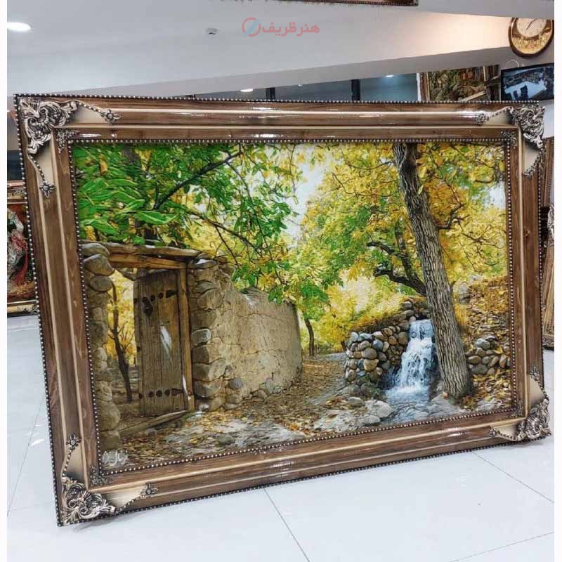 تابلو فرش دستبافت تبریز طرح کوچه باغ، سایز بزرگ مارکدار، رج 50 و چله ابریشم، زیبا و خاص