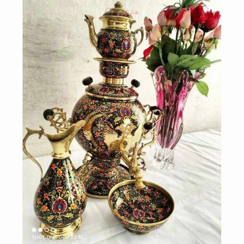 سرویس سماور زغالی 6 لیتری برنجی میناکاری، سنگین وزن، مدل روسی - هنرظریف