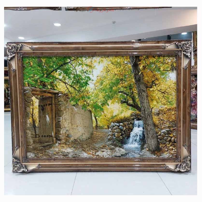 تابلو فرش دستبافت تبریز طرح کوچه باغ، سایز بزرگ مارکدار، رج 50 و چله ابریشم، زیبا و خاص - هنرظریف