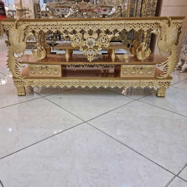 میز تلویزیون، رویه ام دی اف، به رنگ طلایی، بسیار زیبا و شیک، آلومینیوم درجه 1 با روکش برنز - هنرظریف